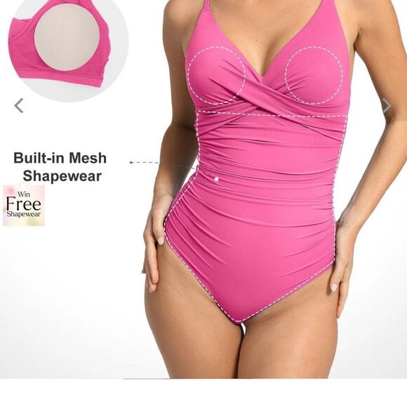 Popilush | Shapewear Body-Sculpting Swimsuit Ruched V-Neck One-Piece in Pink - Picture 3 of 6